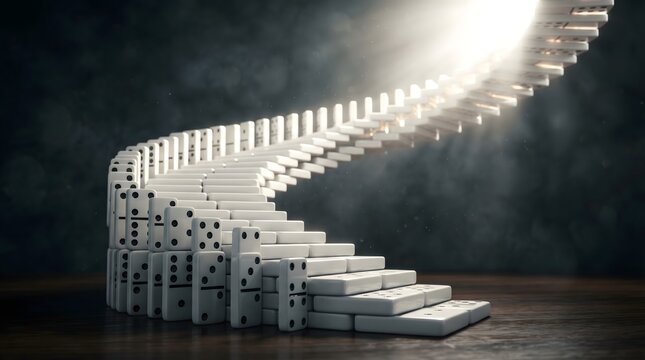 White dominoes form a winding spiral path upward into a radiant beam of light, a powerful visual metaphor for the chain of events and strategic steps leading to a higher state of success