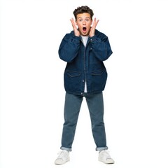 Fototapeta premium 15 years boy with dark hair wearing a blue color isolated on a white background