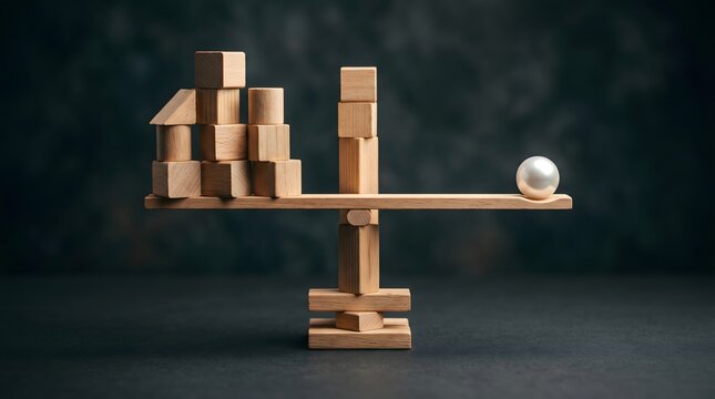 A single luminous pearl counterbalances a heavy stack of wooden blocks on a minimalist scale, illustrating the profound weight of quality and unique value over sheer quantity