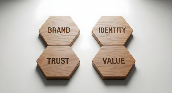 Essential business icons brand identity trust and value wooden block concepts