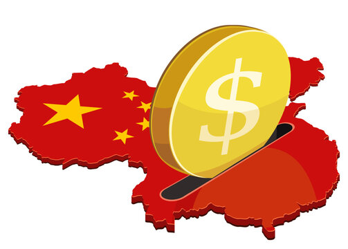3D illustration of a gold dollar coin entering a piggy bank slot on a China flag map, symbolizing foreign investment, trade relations, and financial prosperity (cut out)