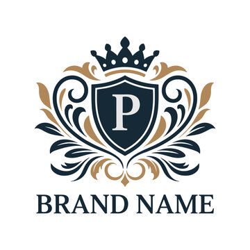 Elegant coat of arms with letter p and gold swirls