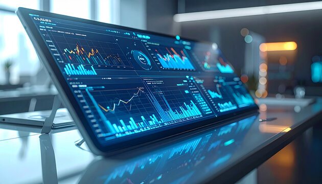 Futuristic Digital Interface: A high-tech digital interface displays complex financial data, with interactive charts and graphs illuminating the potential of the future.