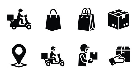 Fototapeta premium A collection of black vector icons depicting various aspects of e-commerce delivery and shipping services isolated on a white background.