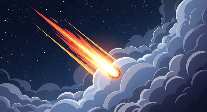 Meteor streaking through cloudy night sky.
