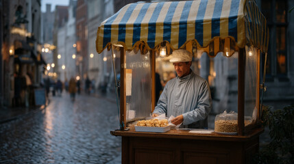 Obraz premium A rain-soaked urban alleyway with a lone food cart operator tallying receipts under a striped awning, wet cobblestones glowing with reflected signage, perfect for side income, gig tax reality, and c