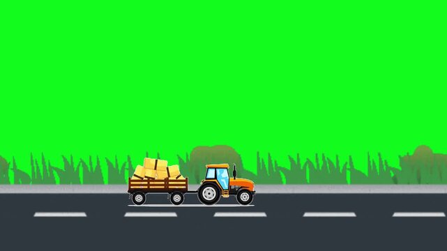 Side view of a cartoon tractor towing a trailer filled with hay bales. Ideal for agricultural, farming, or rural themes in animation and video projects.