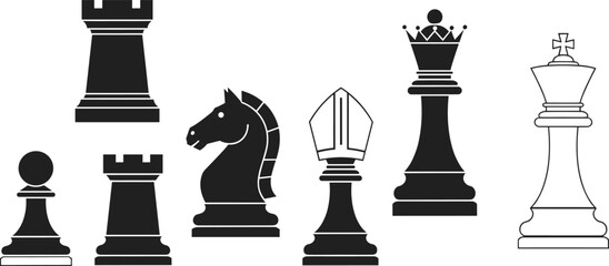 Chess pieces icons vector set, rook knight bishop queen king pawn silhouettes, classic strategy board game elements isolated illustration © MDRAKIB