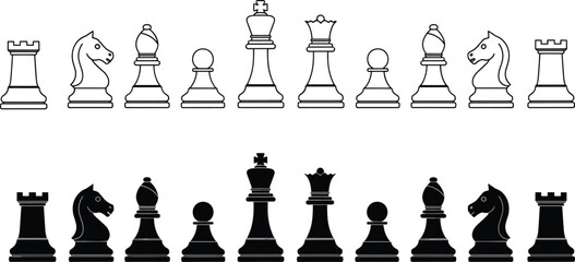 Chess pieces outline and silhouette vector set, black white board game icons, classic strategy elements isolated clean illustration pack © MDRAKIB