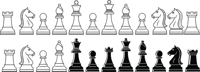 Chess pieces outline and silhouette vector collection, black white board game icons, classic strategy elements isolated clean design set © MDRAKIB