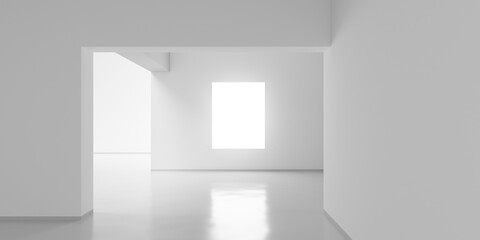 Fototapeta premium Multiple white rooms or gallery background with area light on the wall, modern empty interior or product presentation template with copy space