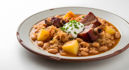 Fototapeta premium Bean, sauerkraut and pork soup from Slovenia which is Jota, served on a ceramic plate shot close up against white background