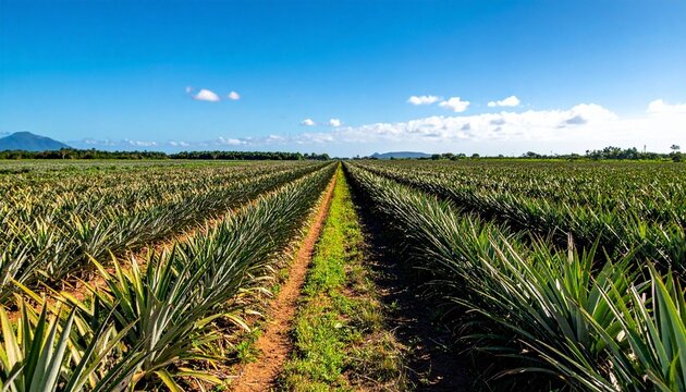 Pineapple field under blue sky