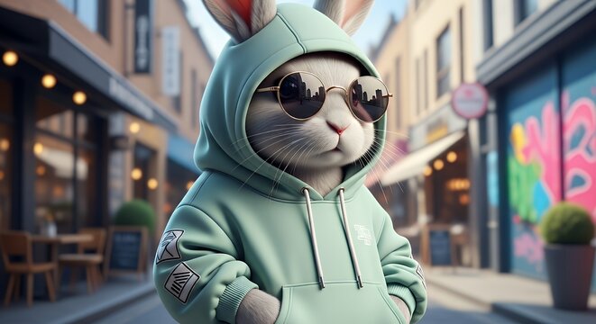 A rabbit wearing sunglasses and a green hoodie standing on a city street