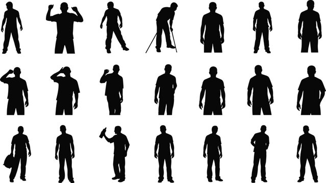 People silhouette set, male characters collection, different poses standing walking working, human figure icons, flat design vector illustration isolated