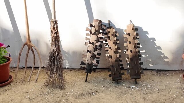 rustic farm tools collection leaning against white wall including pitchfork broom and spiked rollers on sandy ground in agricultural storage area