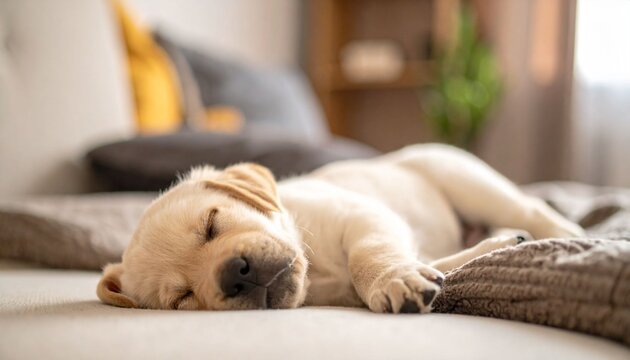 Sleeping labrador puppy on a bed