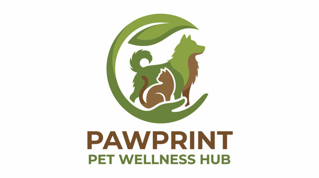 A friendly and wholesome design featuring a dog and cat within a leaf, symbolizing the commitment to pets' wellness and caring services in a nurturing environment.