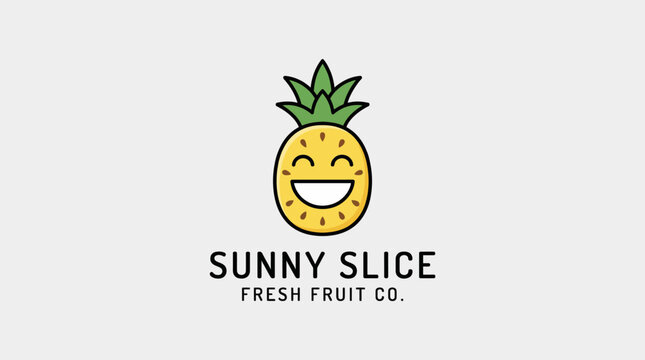 A whimsical pineapple character with a smiling face, representing a fresh fruit company that aims to deliver joy and healthy options with a fun and inviting brand personality.