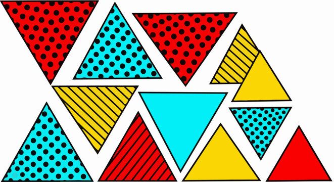 Scattered triangles with varied patterns, bold colors, and clean lines