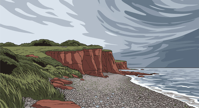 Rugged, windswept coastline with dramatic red cliffs under a stormy sky