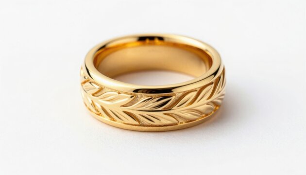 Gold wedding ring with intricate wheat pattern design on white background minimalist jewelry close-up