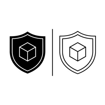 3D cube box shield icon for product protection and package security with protection, security