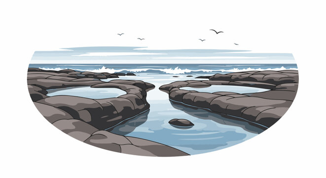Pixelated ocean view with rocky tide pools and birds in flight