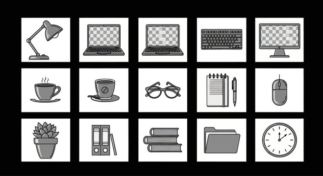 Office Supplies and Technology Icons - Business, Work, and Study Elements
