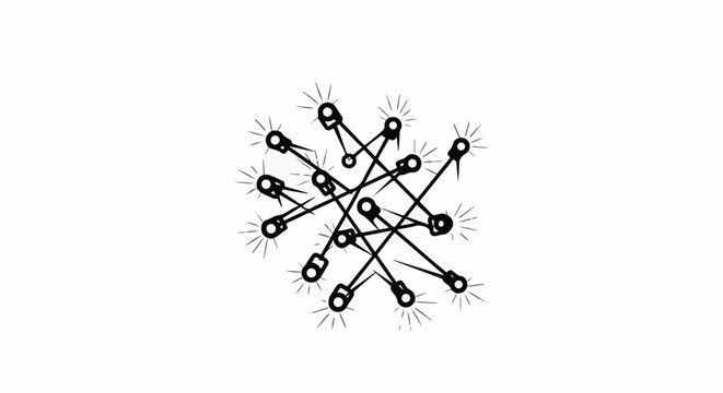 Scattered array of simplistic light bulbs connected by lines, some with emanating rays