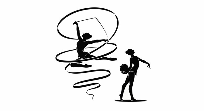 Silhouette gymnasts perform with ribbon and ball