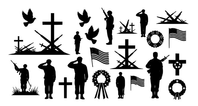 Veterans memorial silhouette graphics - soldiers crosses flags