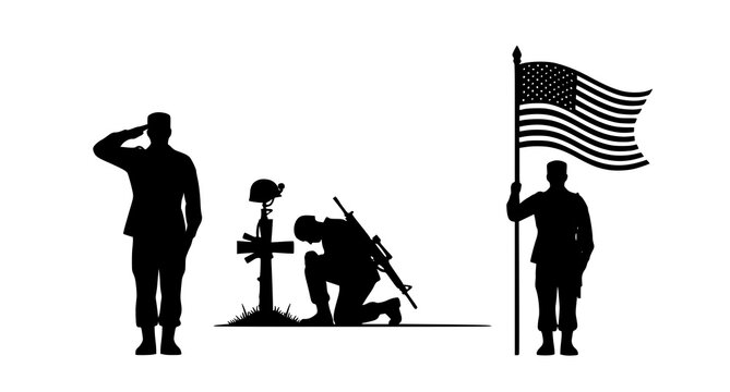 Military memorial scene with soldiers and flag silhouette, american fla