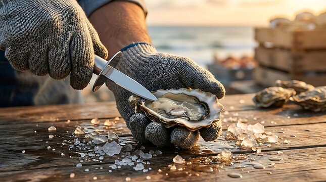 Oyster Shucking at Sunset on Wooden Table with Ice and Ocean Background