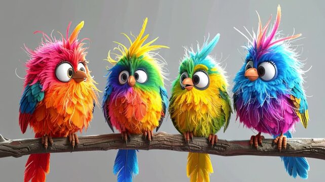 Colorful parrots perched on a branch in a tropical setting with bright feathers, illustrated in a simple cartoon style