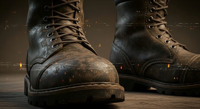 Close-up of worn leather work boots with dust and sparks, industrial grunge style