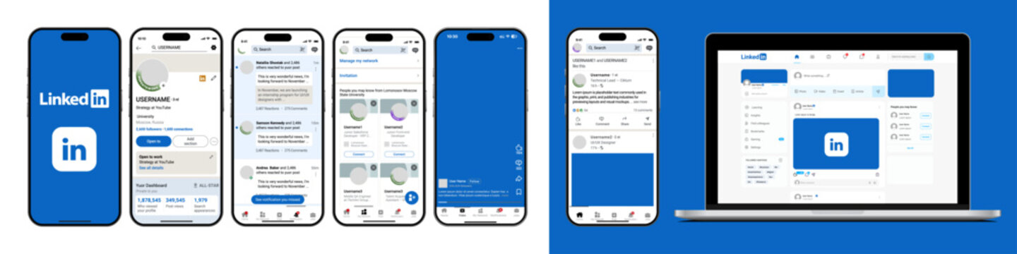 LinkedIn Mobile and Desktop UI Mockup for Feed Profile and Post Interface LinkedIn Social Network Feed and Profile Screen Design Template for LinkedIn Platform.