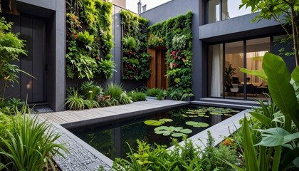 Fototapeta premium Modern home exterior with green wall and pond