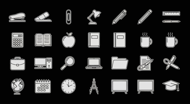 School and Office Supplies Icon Set - White on Black Background