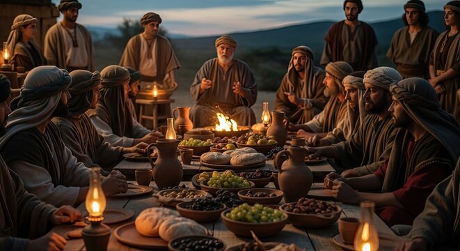 Ancient middle eastern men in traditional robes gathered around a vibrant campfire at dusk sharing a communal meal with abundant food and drink creating a warm spiritual atmosphere of fellowship
