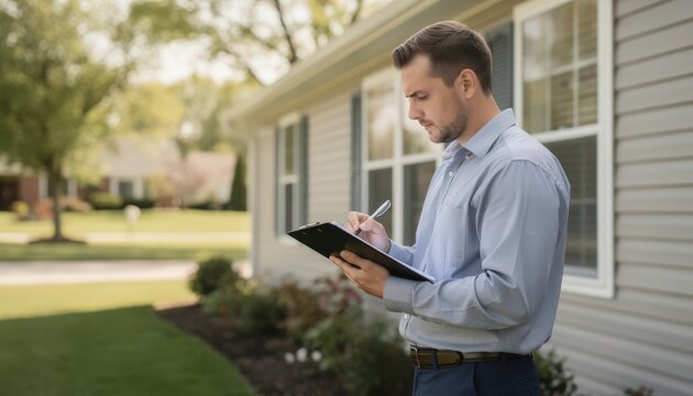 Home insurance inspector examining suburban house exterior with clipboard sharp focus on professional reviewing property condition blurred background of neighborhood greenery.
