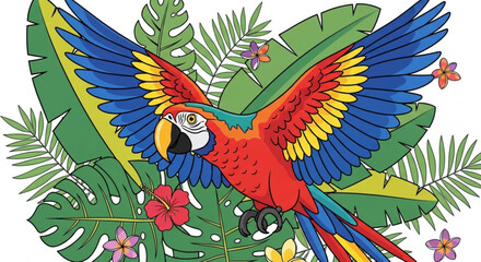Vibrant macaw parrot spreads colorful wings in lush tropical jungle foliage with exotic flowers © Umair