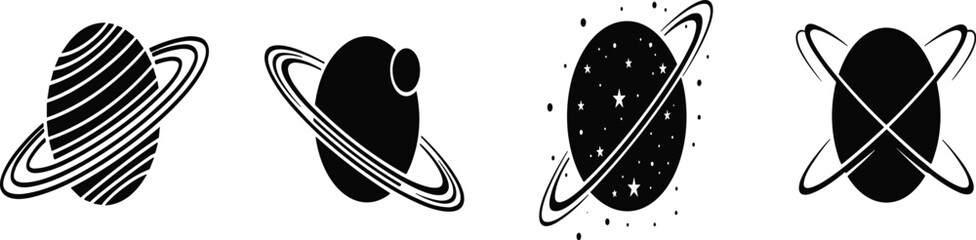 Vector Black Silhouette Set of Planets with Rings and Stars Including Saturn Style Icons for Space Galaxy Universe Exploration Design © Mdjoshel 
