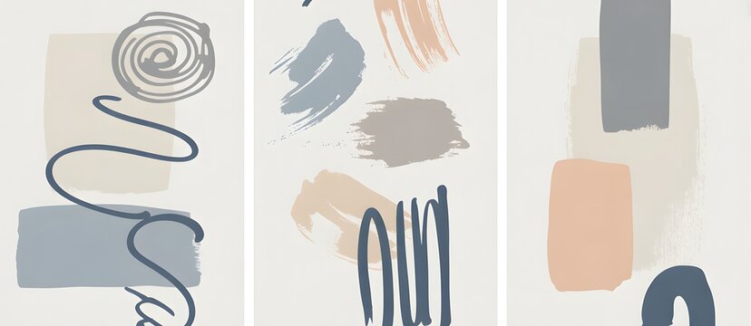 Abstract triptych set with hand drawn lines circles and brushstroke patches in muted colors
