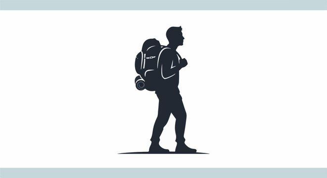 Silhouette of a person with a large backpack hiking