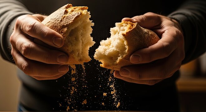 Close up of a person's hands breaking a rustic crusty loaf of bread in half with crumbs scattering downwards illuminated by warm dramatic side lighting creating a moody intimate atmosphere