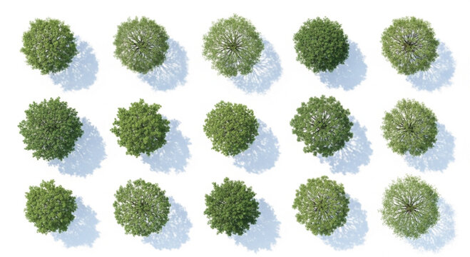 Set of 15 Green Tree Top View Vector Illustrations