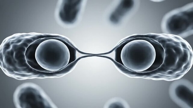 3D Render of a Microscopic Cell Dividing in Two, Binary Fission Process of Bacteria, Biological Growth and Reproduction Animation