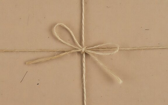 Brown paper parcel tied with a simple rustic twine string bow centered on a textured cardboard surface