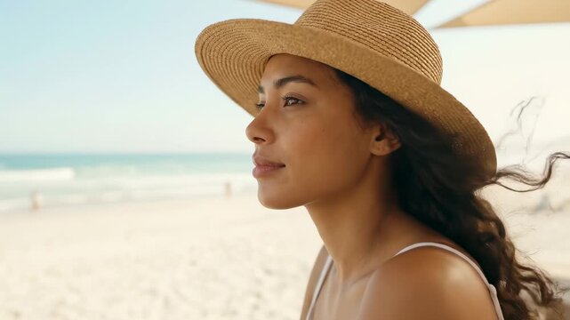Woman in a sun hat relaxing at a beach table with a glass of orange juice. Young female traveler looking at the ocean waves. Summer vacation and leisure concept